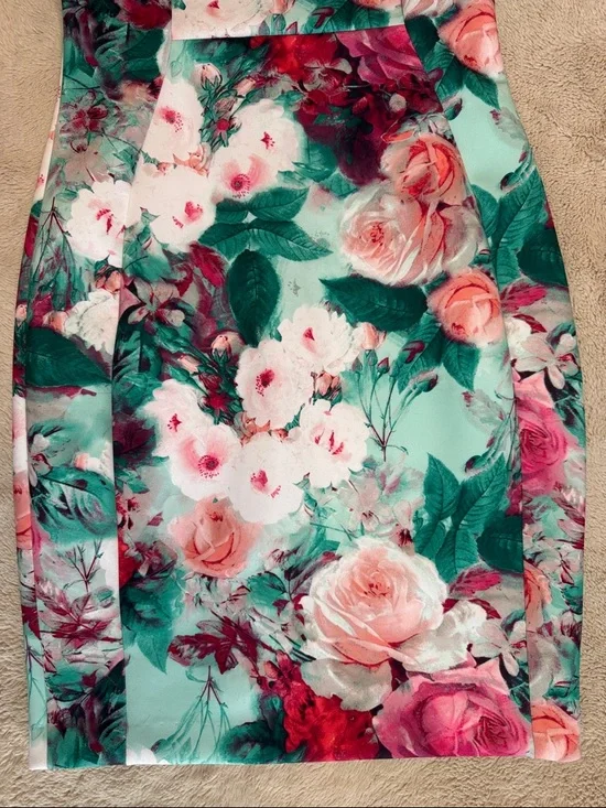 Calvin Klein Mint Green Floral Midi Dress with Pink Roses sz 8 - Picture 4 of 12